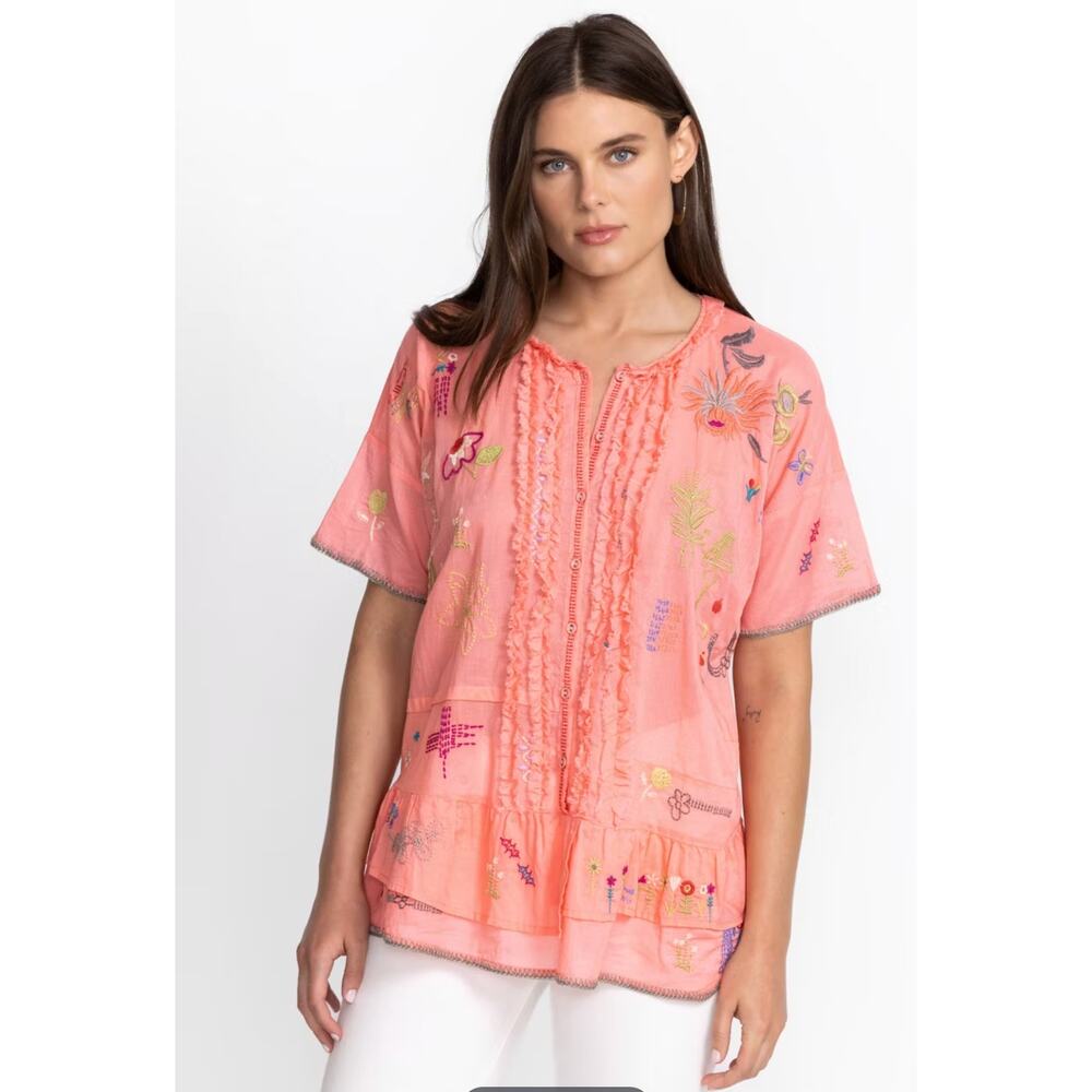 Johnny Was Coral Embroidered Peasant Blouse